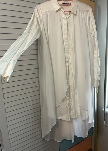 Uzun Kesim Beyaz Tüllü pamuk gömlek - Görsel 2