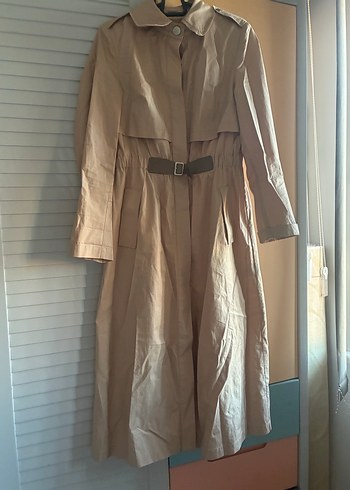 Bej Kemerli Uzun Keten Kadın Trençkot astarsız - Görsel 2