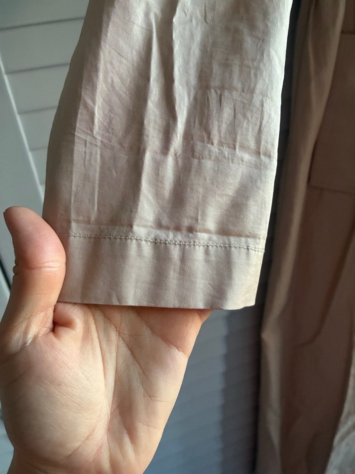 Bej Kemerli Uzun Keten Kadın Trençkot astarsız - Görsel 3