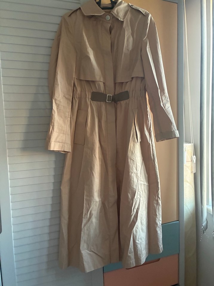 Bej Kemerli Uzun Keten Kadın Trençkot astarsız - Görsel 2