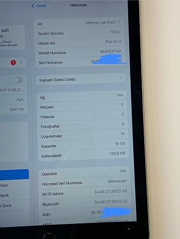 Beden Renk SİM KARTLI İPAD AİR 2 16 GB