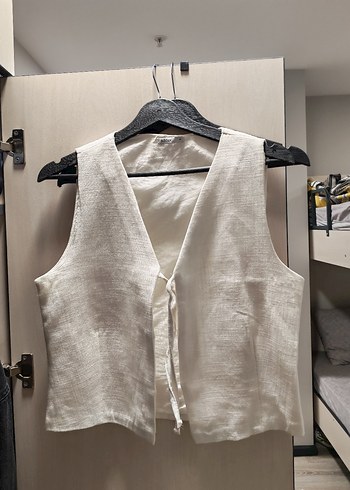 Düğmeli Keten Beyaz Kadın Yelek - Görsel 2