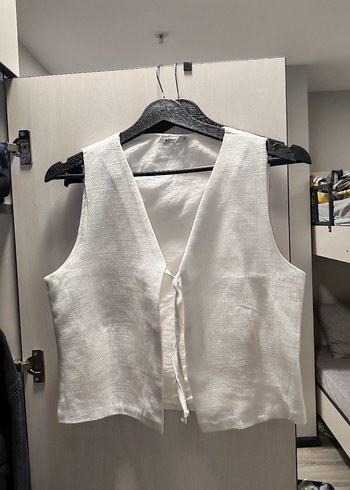 Düğmeli Keten Beyaz Kadın Yelek - Görsel 3