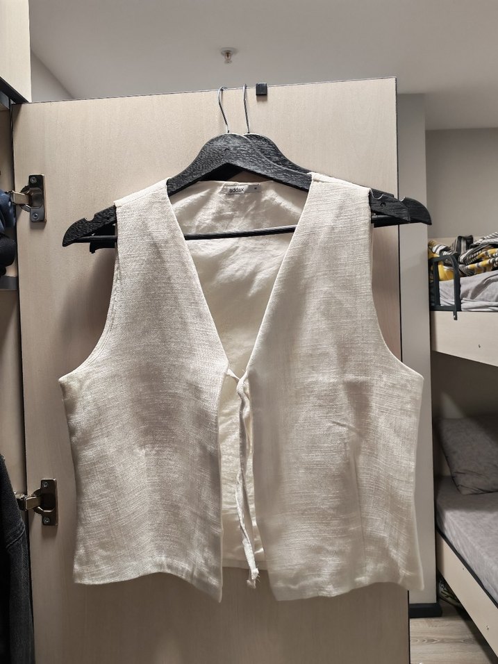 Düğmeli Keten Beyaz Kadın Yelek - Görsel 2