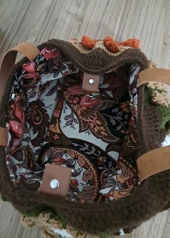 Kahverengi Çiçek Desenli Örgü Bohem Çanta - Görsel 4