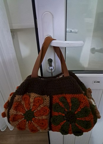 Kahverengi Çiçek Desenli Örgü Bohem Çanta - Görsel 2