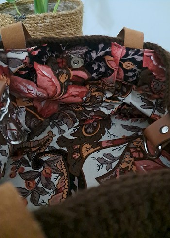 Kahverengi Çiçek Desenli Örgü Bohem Çanta - Görsel 5