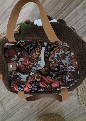 Kahverengi Çiçek Desenli Örgü Bohem Çanta - Görsel 7