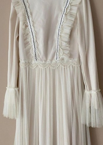 Uzun Kollu Beyaz Bohem Elbise - Görsel 2