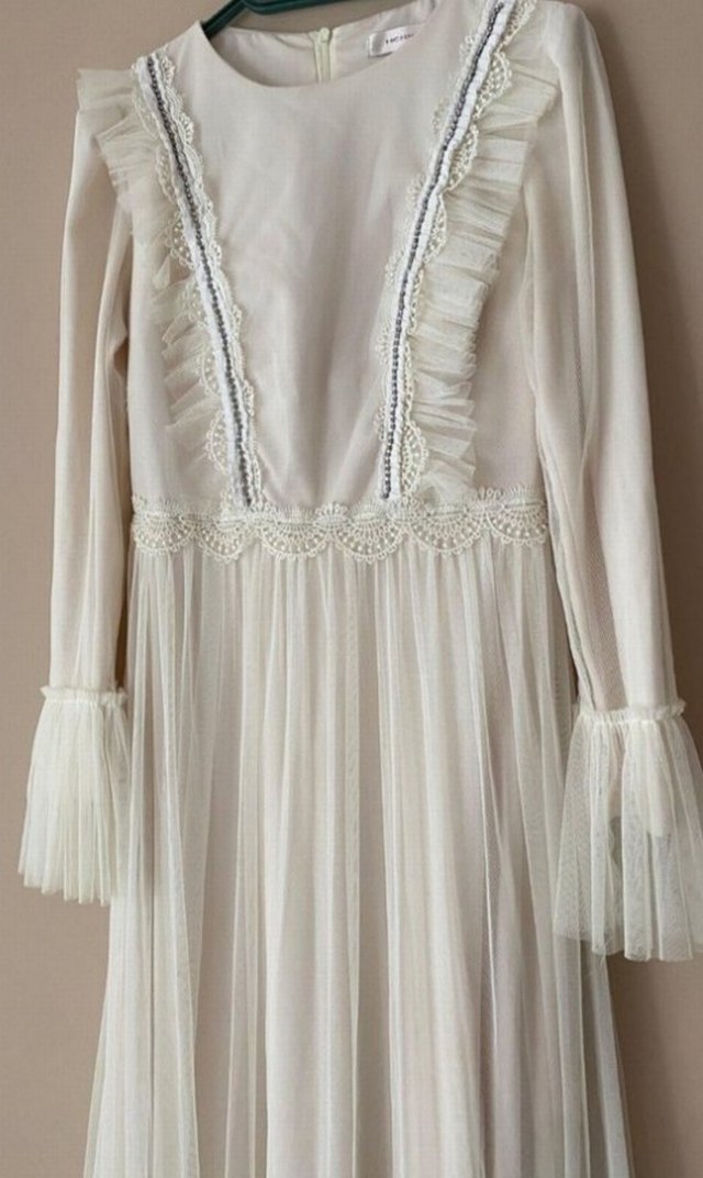 Uzun Kollu Beyaz Bohem Elbise - Görsel 2