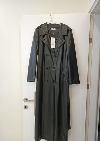 Siyah Deri Uzun Kadın Trençkot - Görsel 6