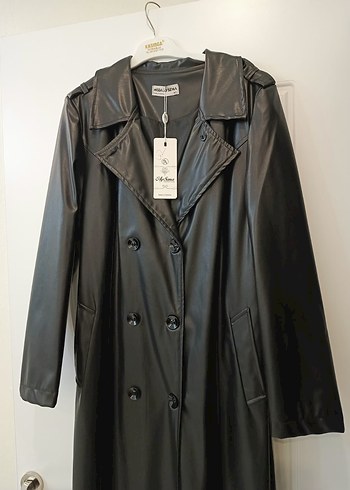 Siyah Deri Uzun Kadın Trençkot - Görsel 5