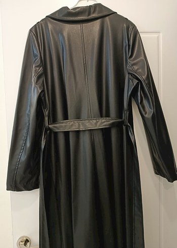 Siyah Deri Uzun Kadın Trençkot - Görsel 4