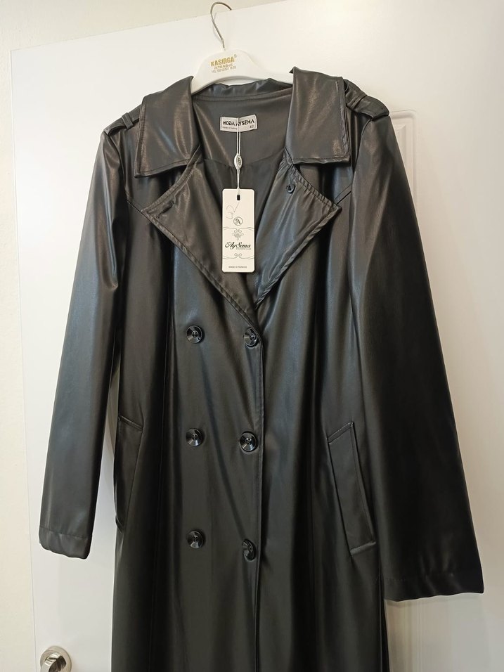 Siyah Deri Uzun Kadın Trençkot - Görsel 5