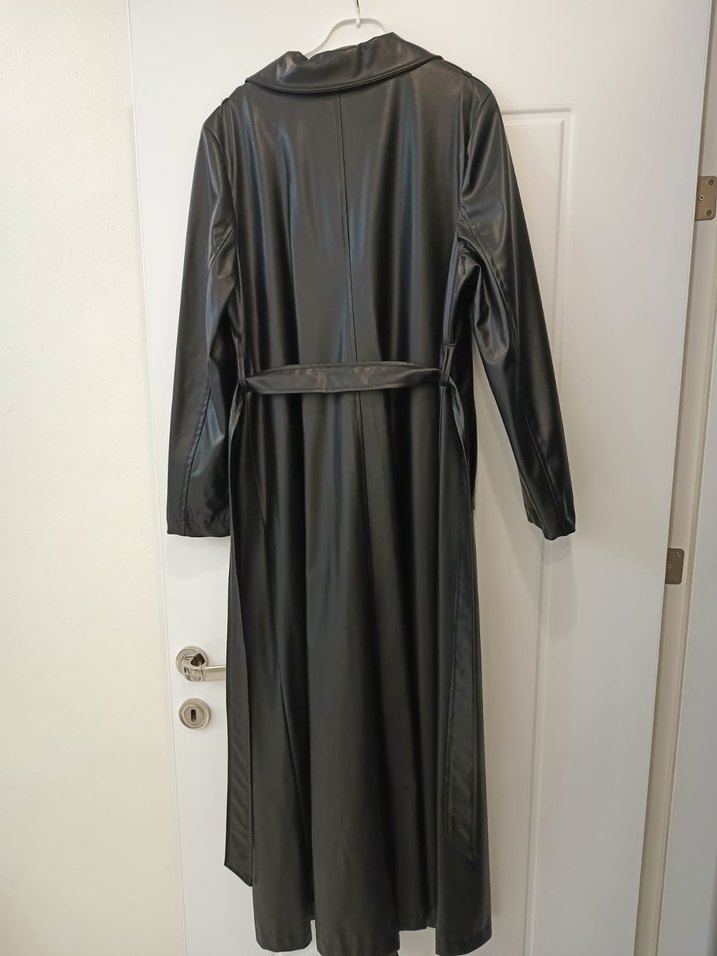 Siyah Deri Uzun Kadın Trençkot - Görsel 3