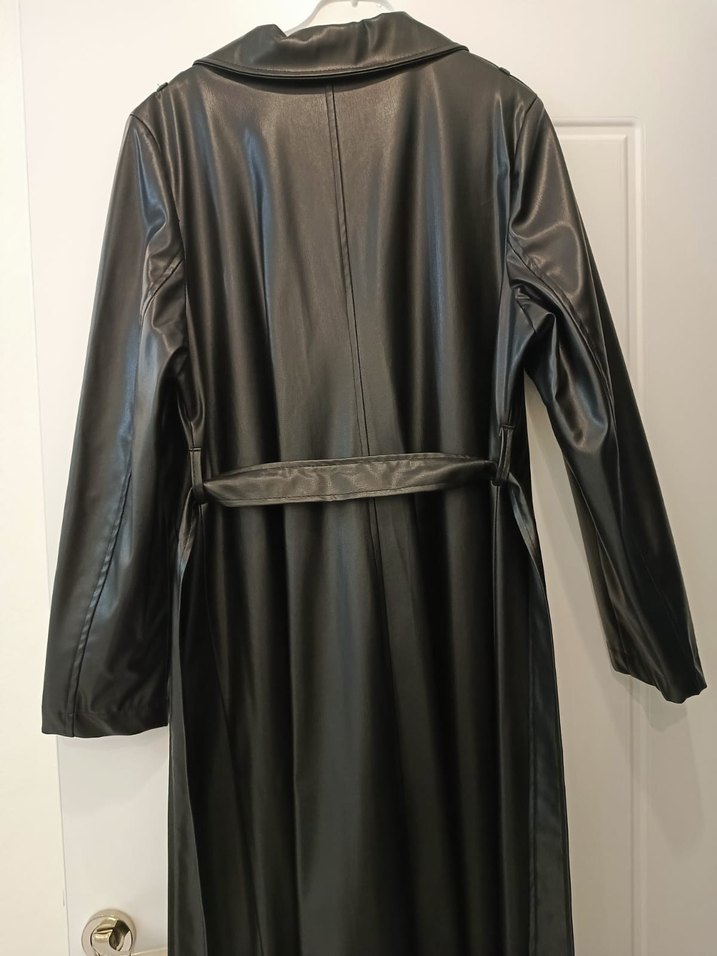 Siyah Deri Uzun Kadın Trençkot - Görsel 4