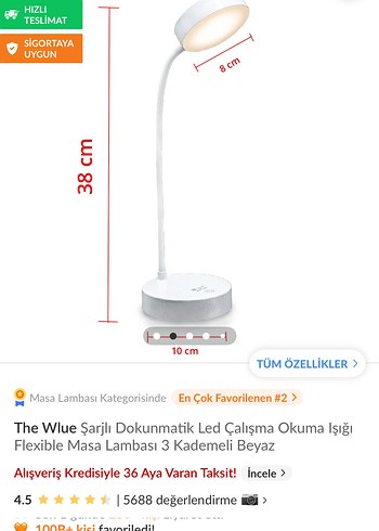 Beden beyaz Renk Şarjlı Masa Lambası