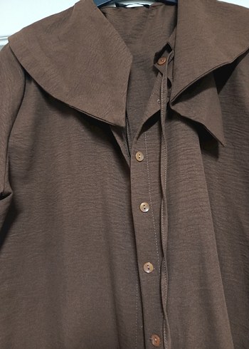 Düğmeli Kahverengi Keten Kadın Gömlek - Görsel 2