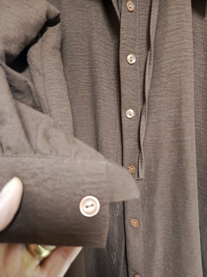 Düğmeli Kahverengi Keten Kadın Gömlek - Görsel 3