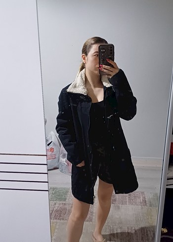 Siyah Kadın Denim Kaban, Kürk Detaylı, Midi Boy