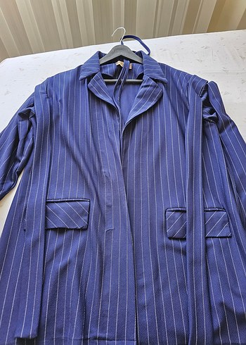l Beden Mavi Çizgili Kadın Blazer Ceket