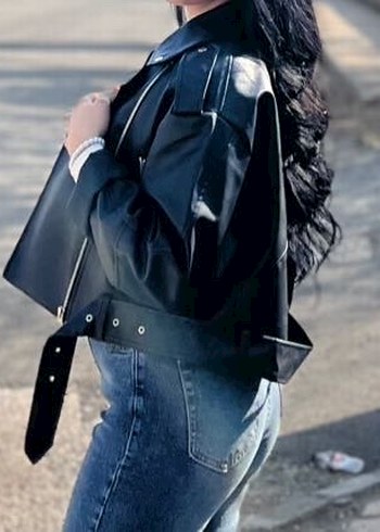 Kadın siyah Deri Kemerli Ceket - Görsel 2