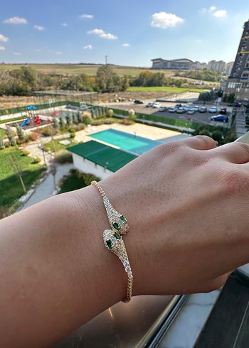 Yeşil Yılan Desenli Zincir Detaylı Kadın Bileklik - Görsel 2