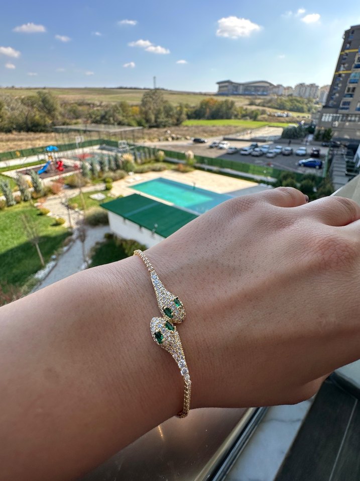 Yeşil Yılan Desenli Zincir Detaylı Kadın Bileklik - Görsel 2