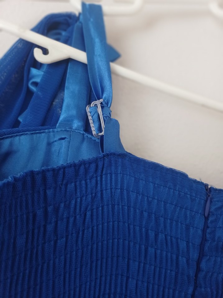 Mavi Uzun Abiye Elbise, Nakışlı, Askılı - Görsel 3