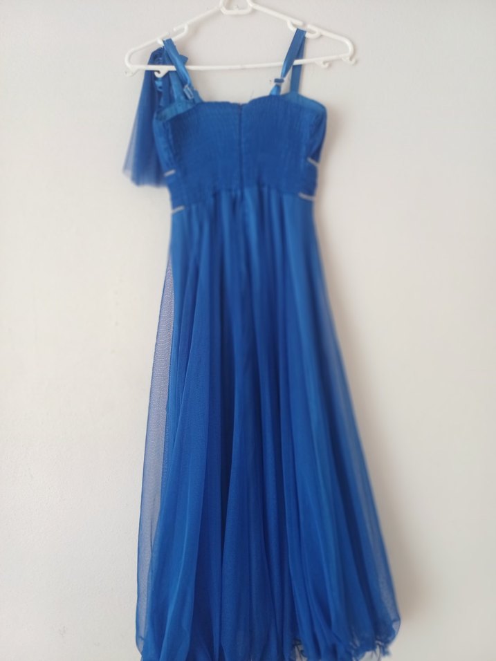 Mavi Uzun Abiye Elbise, Nakışlı, Askılı - Görsel 2