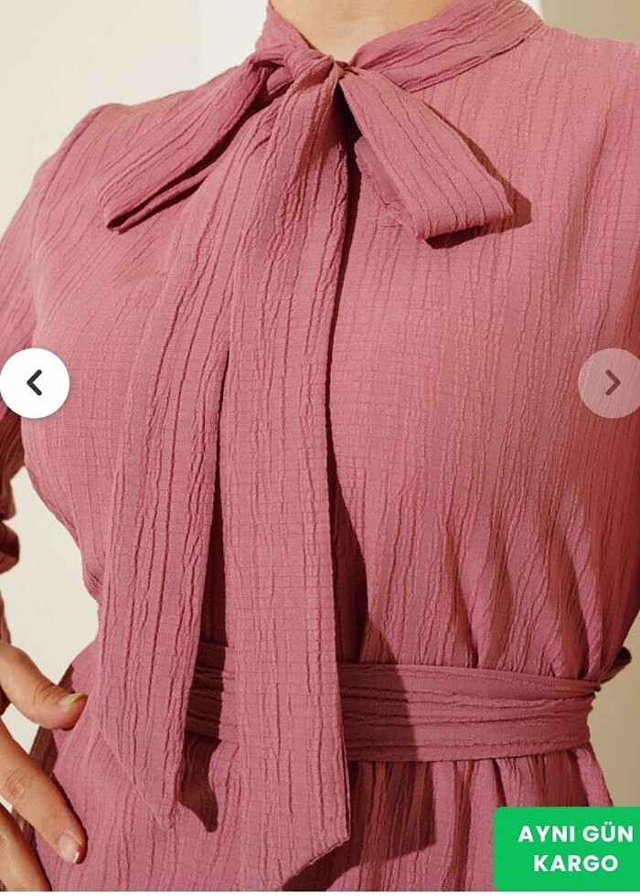 Yaka fularlı kusakli elbise gül kurusu - Görsel 4