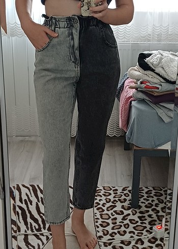 s Beden gri Renk Bağcıklı Gri Batik Desenli Salaş Jean