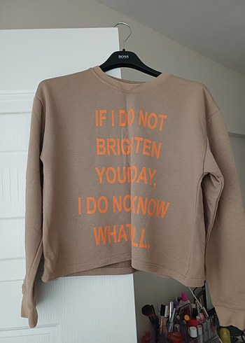 Uzun Kollu Kahverengi Baskılı Mini Sweatshirt