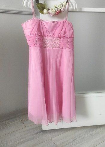 Drapeli Pembe Midi Abiye Elbise taç hediye