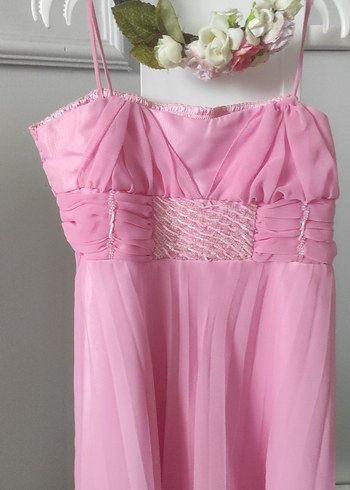 Diğer Drapeli Pembe Midi Abiye Elbise taç hediye