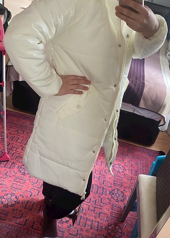 Beyaz Uzun Kışlık Mont Kapüşonlu - Görsel 8