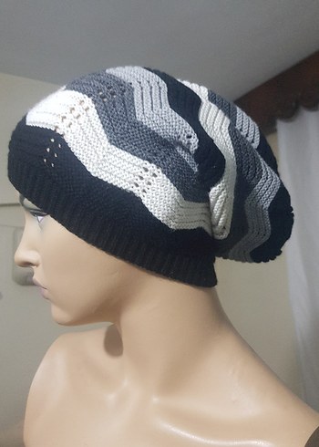 Siyah Gri Örgü Goth Kadın Bere - Görsel 2