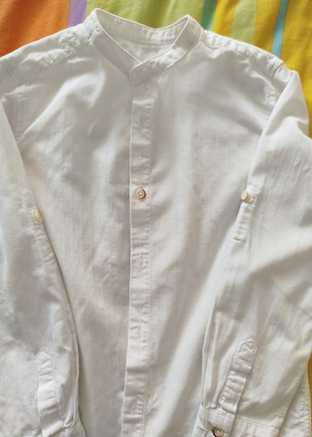 Düğmeli Beyaz Keten uzun Kollu Erkek Gömlek - Görsel 2