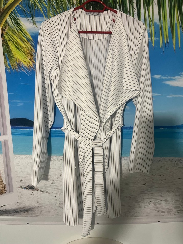 Çizgili Beyaz Uzun Ceket - Görsel 2