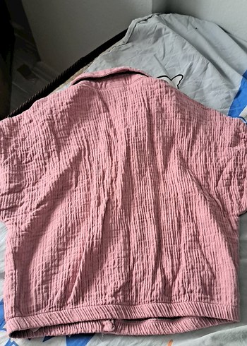 Düğmeli Pembe Keten kiz cocukGömlek - Görsel 3