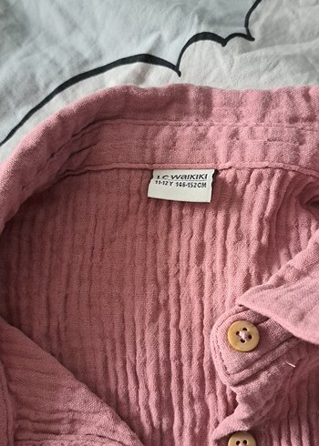 Düğmeli Pembe Keten kiz cocukGömlek - Görsel 2