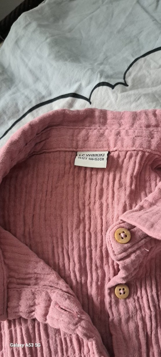 Düğmeli Pembe Keten kiz cocukGömlek - Görsel 2