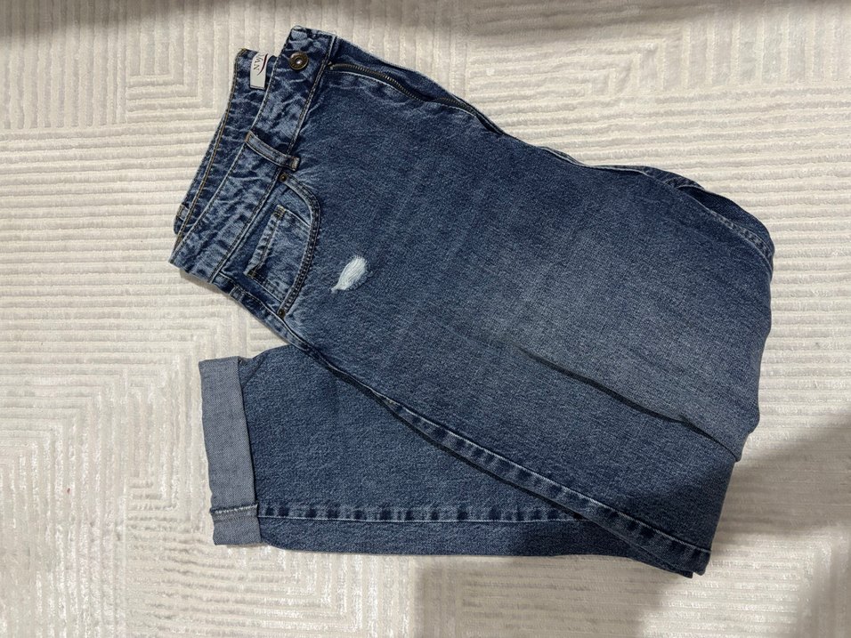 Kadın Mavi Kot Pantolon Bol Kesim Midi Boy - Görsel 2