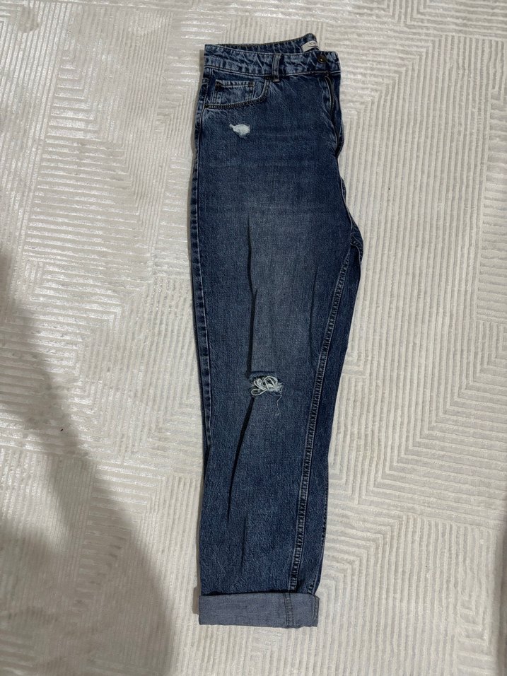 Kadın Mavi Kot Pantolon Bol Kesim Midi Boy - Görsel 3