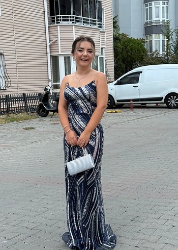 Parlak Lacivert Drapeli Uzun Abiye Elbise