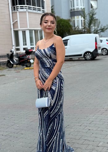 Abiye Parlak Lacivert Drapeli Uzun Abiye Elbise