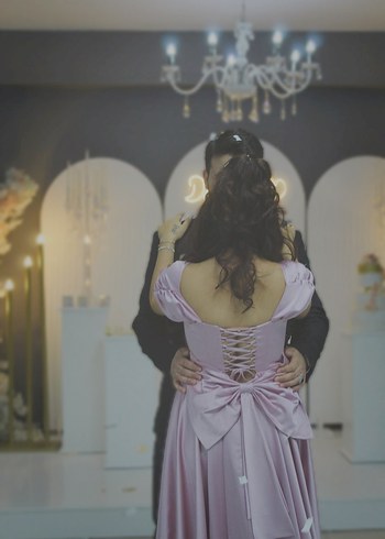 Pudra V Yaka Drapeli Uzun Abiye Elbise - Görsel 2