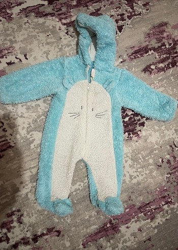 Mavi Peluş Bebek Tulumu Kapüşonlu