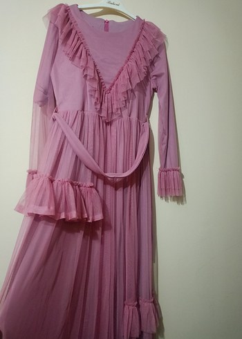 Pembe Uzun Fırfırlı Bohem Elbise - Görsel 5