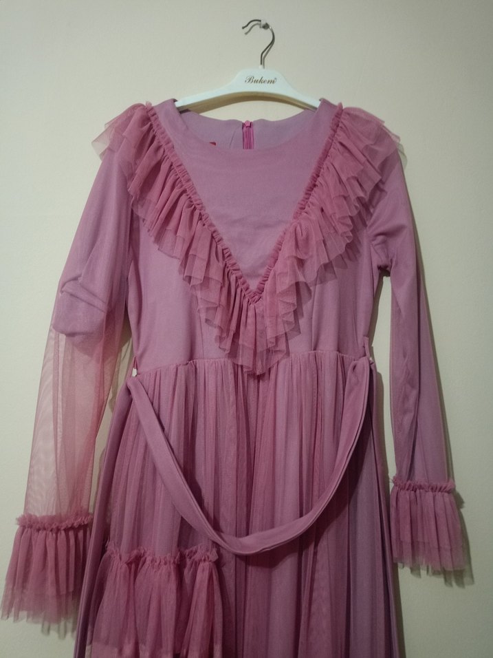 Pembe Uzun Fırfırlı Bohem Elbise - Görsel 2